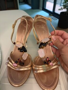 Giuseppe Zanotti Strappy Sandals – Rose Gold Metallic | Gemstone Embellishment